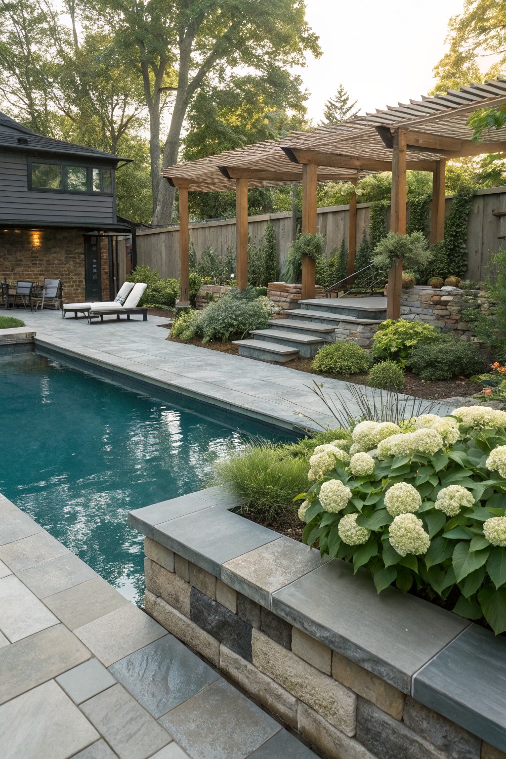 Turquoise backyard swimming pool with gray slate decking and coping, a low stone retaining wall along one edge planted with large white hydrangea bushes, ornamental grasses, steps leading up to a wooden pergola, and a dark-shingled house in the background.