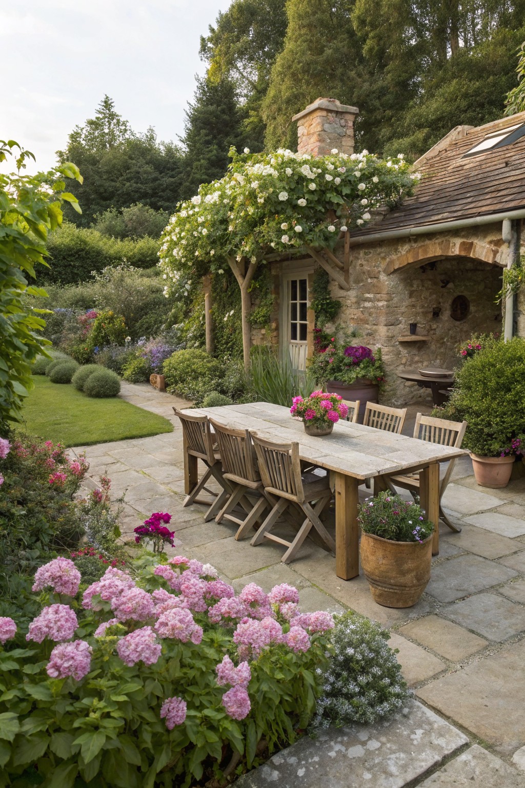 Stone patio outside a stone cottage with arched entryway, featuring a wooden dining table and chairs surrounded by pink hydrangea bushes, roses on a trellis, potted plants, and lawn.