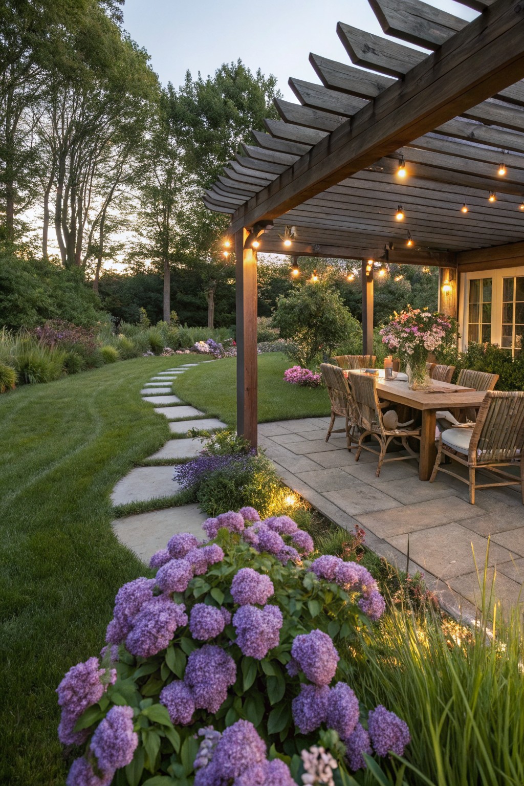 Wooden pergola with string lights covers an outdoor dining table and chairs on a stone patio bordered by purple hydrangea bushes, with a stepping stone lawn path and garden beyond.