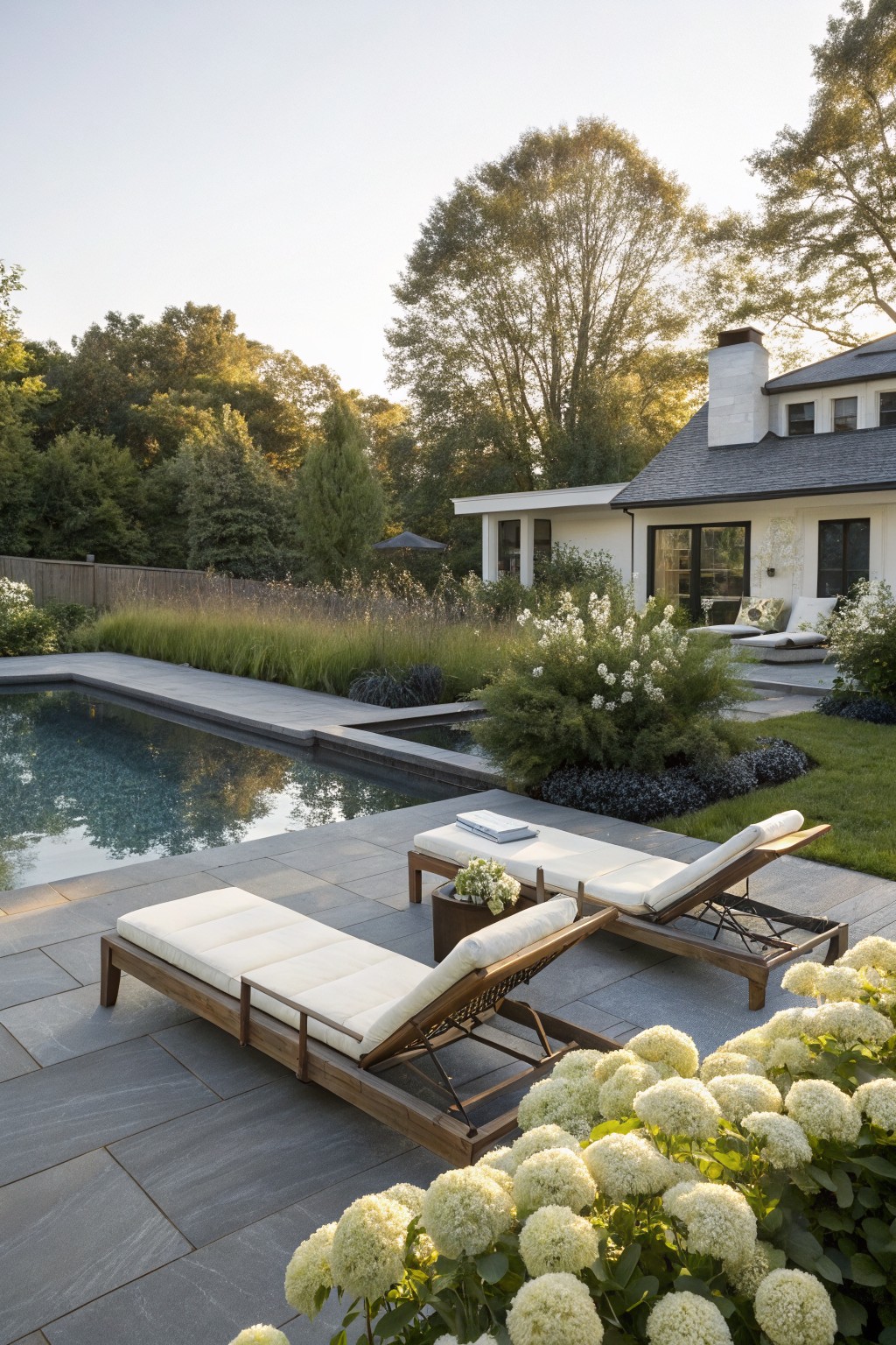 Backyard infinity pool with gray slate deck, two beige cushioned teak lounge chairs and side table with flowers, bordered by white hydrangea bushes, ornamental grasses, shrubs, and a white modern house in the background.