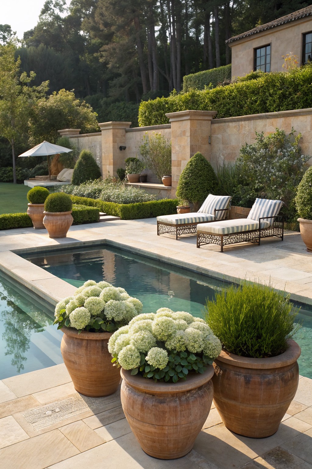 Rectangular pool with dark water surrounded by beige stone paving, large terracotta pots holding white hydrangea blooms and grassy plants at the edge, two striped lounge chairs on the deck nearby, stone walls with hedges and trees in the background.