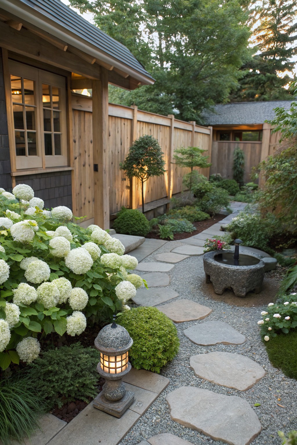Backyard garden path of irregular stepping stones and gravel bordered by large white hydrangea bushes, with a stone lantern, granite fountain, wooden fence, and partial view of shingled house exterior.
