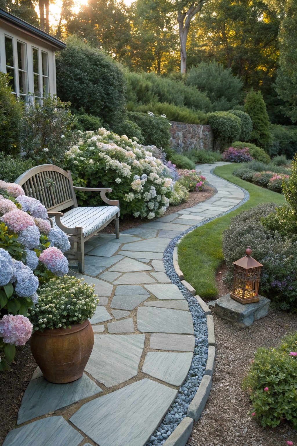 Winding flagstone path edged in gravel curves through garden beds filled with pink and blue hydrangea blooms, past a wooden bench and copper lantern, with house and trees in background.