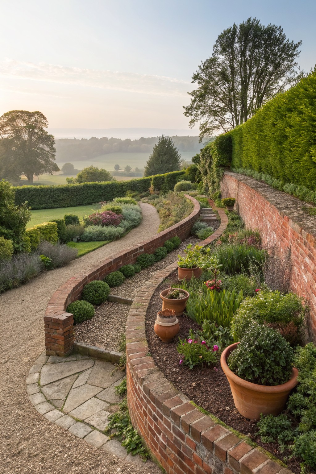 A winding gravel path curves along a low brick retaining wall on a sloped garden, with flower beds, potted plants, shrubs, and hedges bordering it, and trees and fields in the background at dawn.