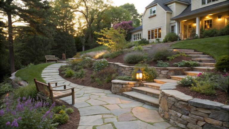 Stone steps terraced down a wooded hillside with low retaining walls planted in purple lavender and grasses, a black metal bench on a landing, a curving flagstone path at the base with a lantern light, shrubs, mulch beds, and a small white house peeking through trees in the golden hour light.