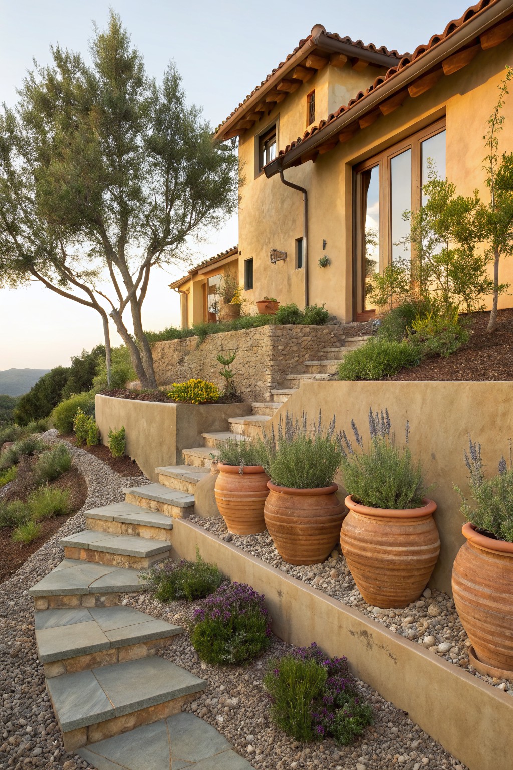 Sloped yard with stucco retaining walls lined by large terracotta pots of lavender, curved stone steps, gravel paths, low plants, and a yellow stucco house above.