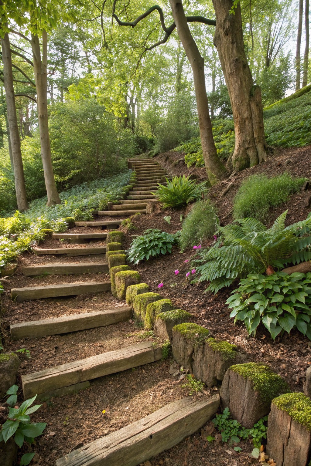 Rustic wooden steps ascend a moss-covered, sloped hillside edged with log retainers and surrounded by green ferns, hostas, grasses, and trees in a garden setting.