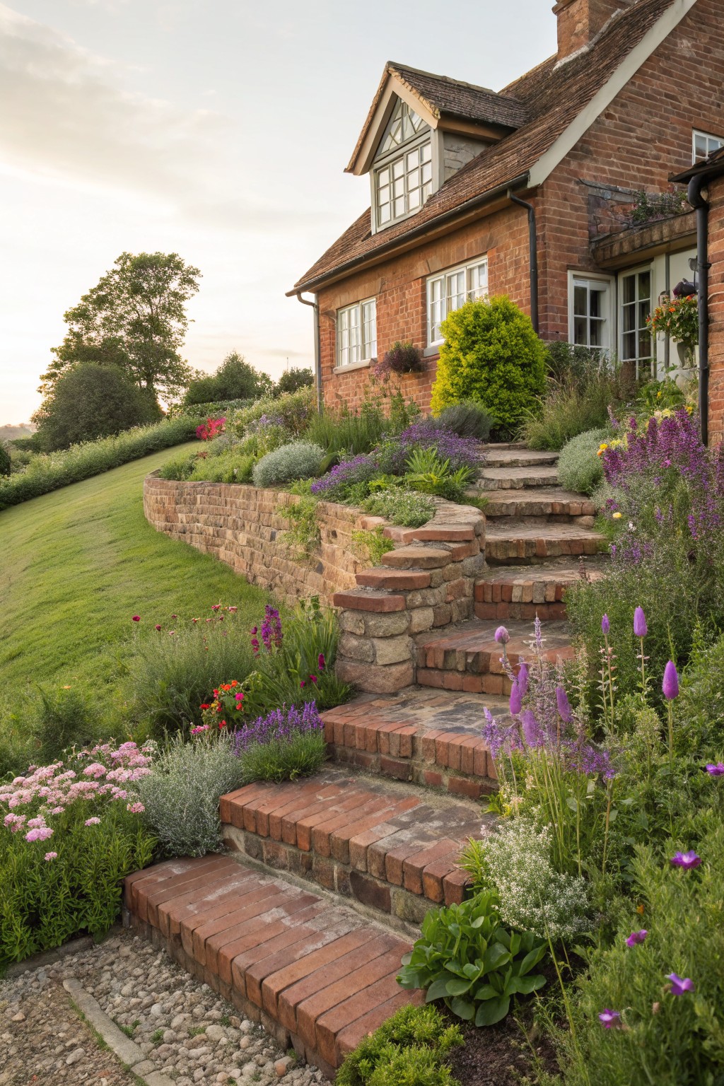 Brick house beside a grassy slope with curved stone retaining walls, brick steps ascending through dense flower beds of purple, pink, and green plants.