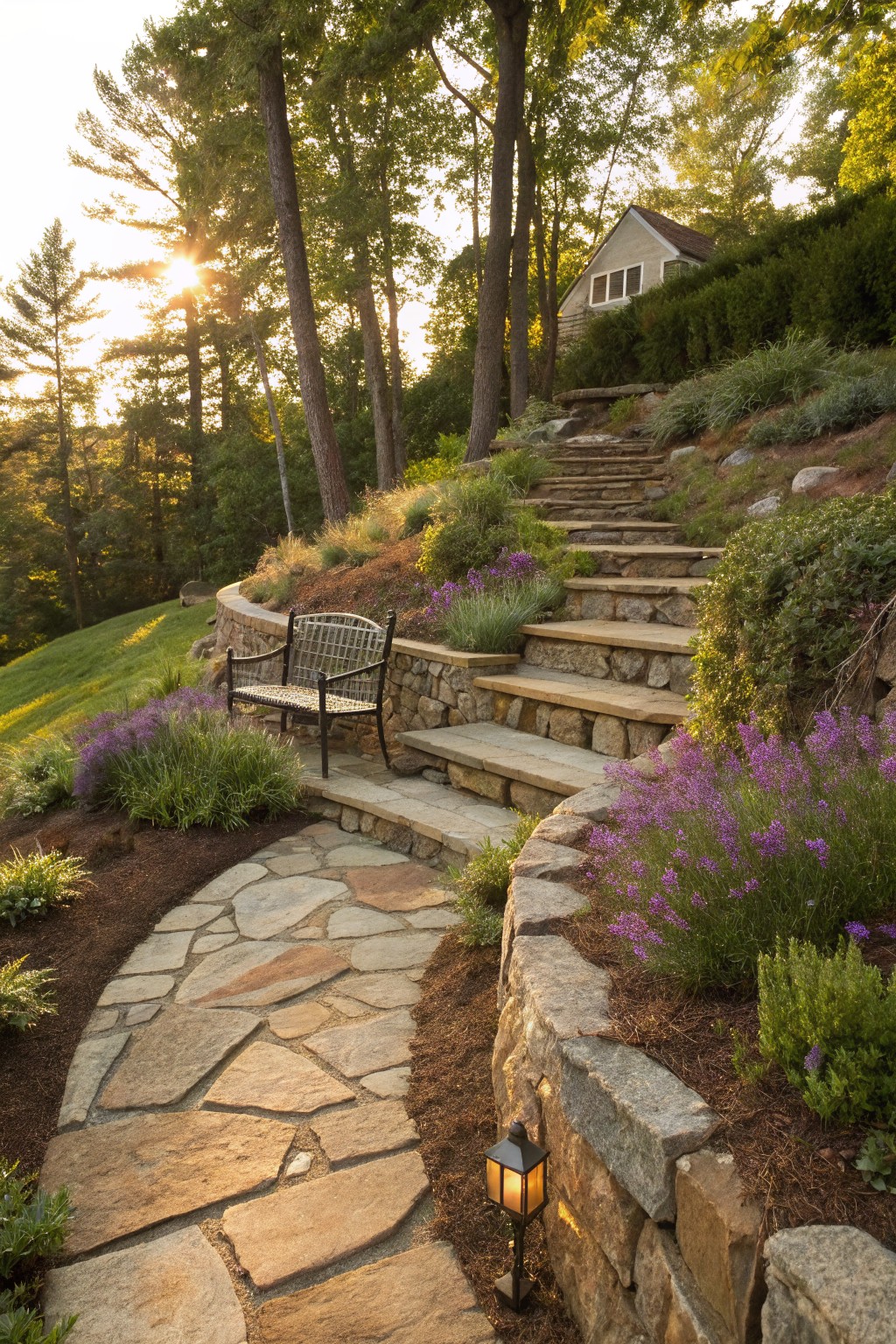 Stone steps terraced down a wooded hillside with low retaining walls planted in purple lavender and grasses, a black metal bench on a landing, a curving flagstone path at the base with a lantern light, shrubs, mulch beds, and a small white house peeking through trees in the golden hour light.