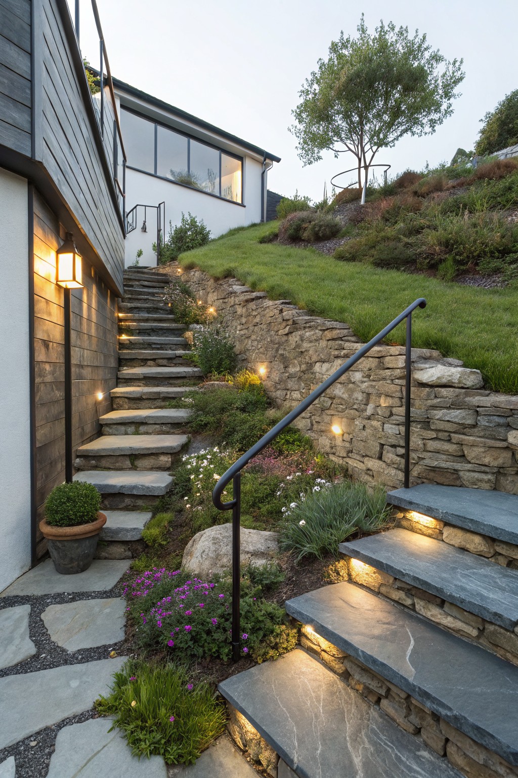 Slate stone steps ascending a grassy hillside retained by irregular stone walls planted with small flowers, shrubs, and grasses, with integrated low lighting and a modern house wall nearby.