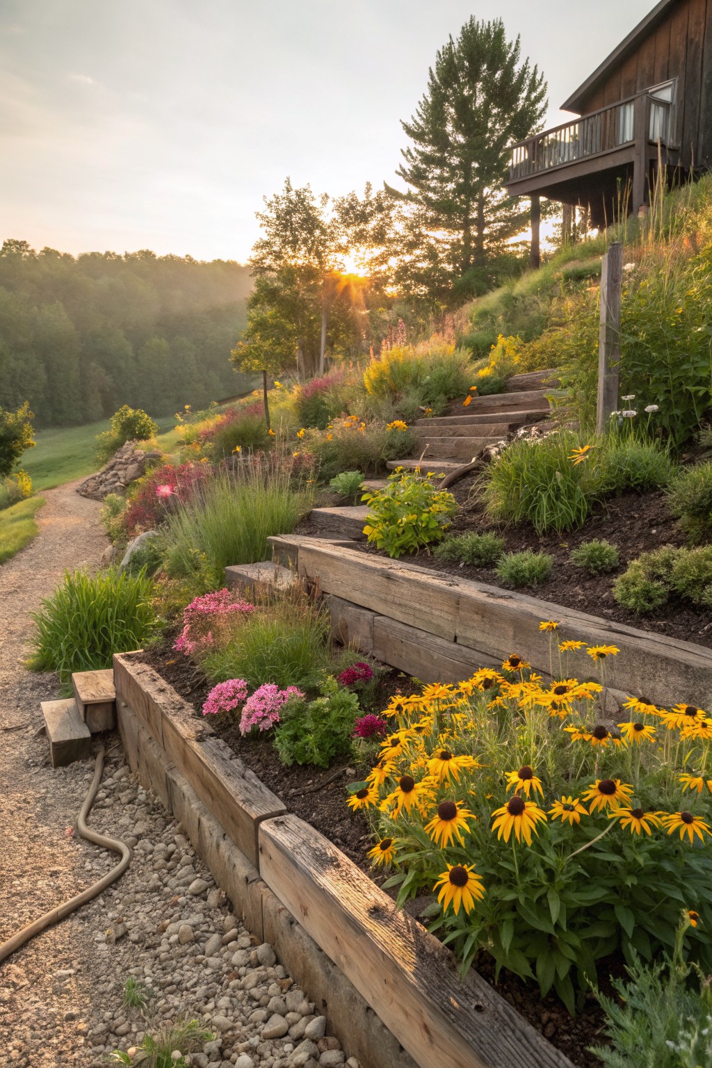 Sloped yard with multiple wooden timber retaining wall terraces planted with yellow black-eyed Susans, pink flowers, grasses, and shrubs, featuring stone steps, a gravel path, and a dark wood house on the hill at sunset.