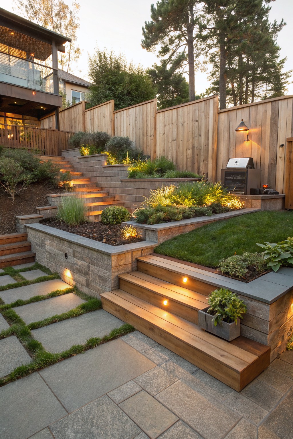Sloped backyard with multi-level stone retaining walls forming flower beds filled with grasses, shrubs, and mulch, wooden stairs lit with low lights, patches of grass, and a lower stone patio with pavers and planters.