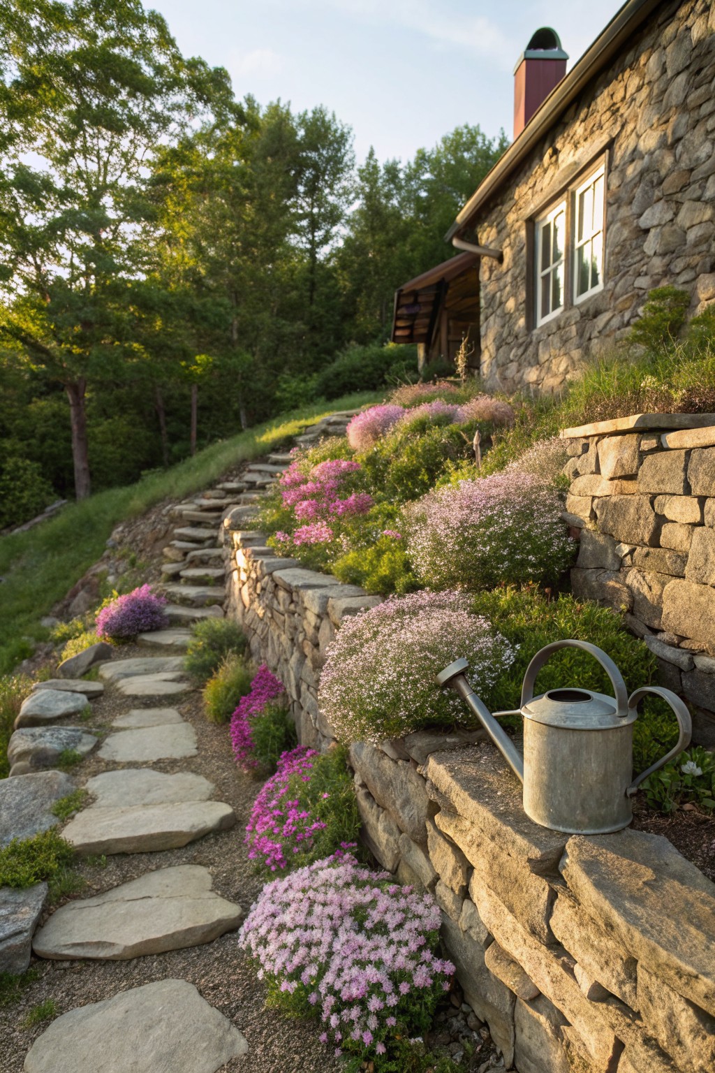 Stone retaining walls terraced with pink flowering plants on a sloped yard beside a fieldstone house, with irregular stone steps leading upward and a metal watering can sitting on the wall.