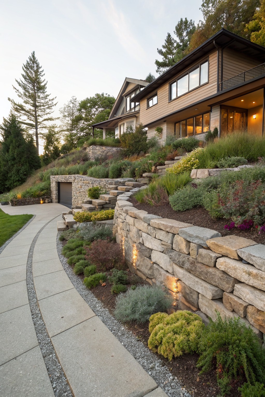 Sloped yard featuring multi-tiered dry-stacked stone retaining walls with planted flower beds of grasses, shrubs, and perennials, a curved concrete pathway leading to a garage door below a modern wood-clad house, surrounded by trees at dusk.