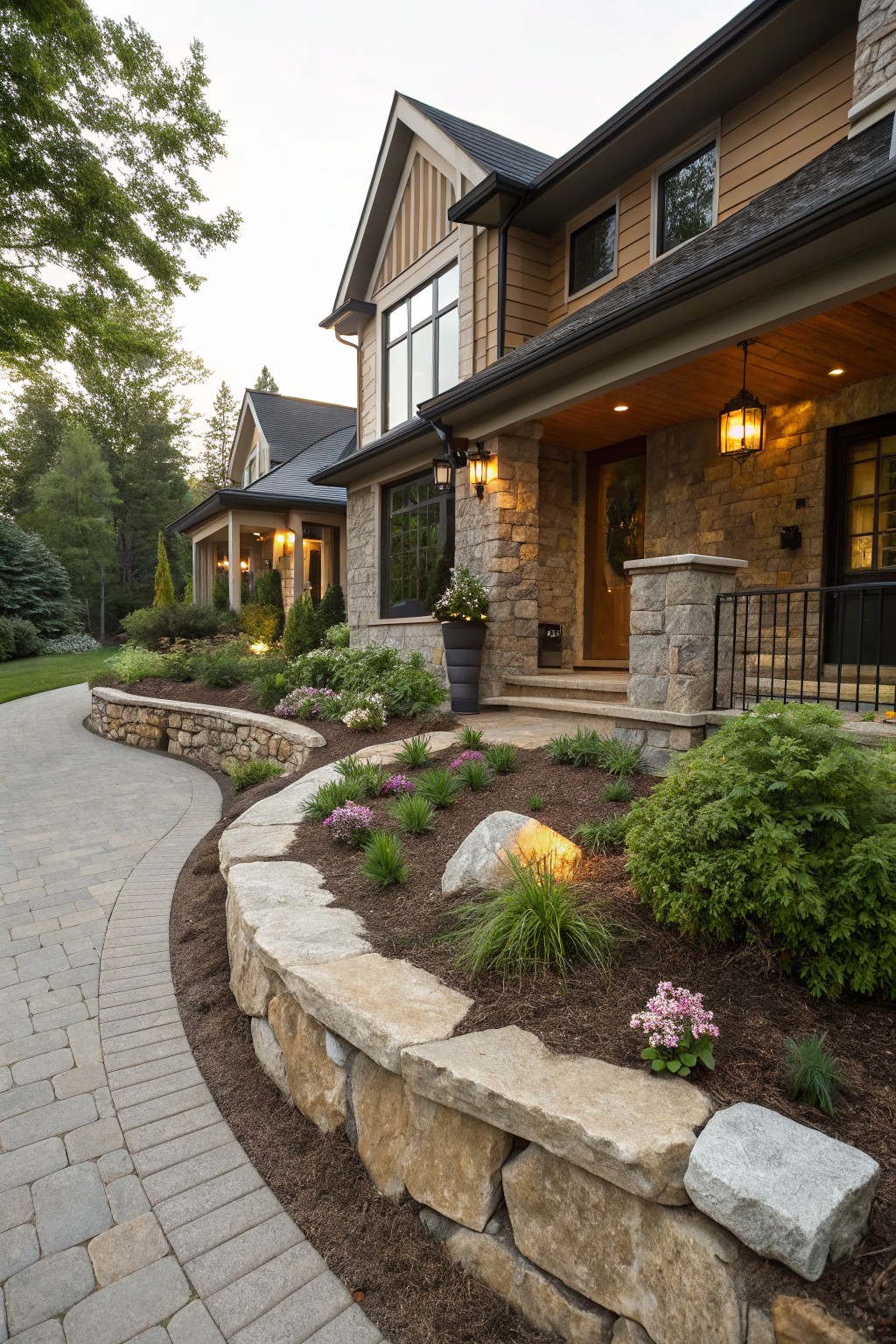 Curved gray paver pathway leading to a stone house entry, bordered by a dry-stack stone retaining wall filled with large boulders, mulch beds, low shrubs, and perennials.