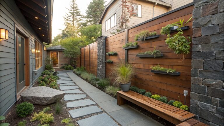 Narrow garden path of irregularly shaped dark slate stepping stones set in light gravel, bordered by ornamental grasses and plants, with a wooden bench at the end beside a large boulder, against a slate wall with wall-mounted planters and a wooden fence.