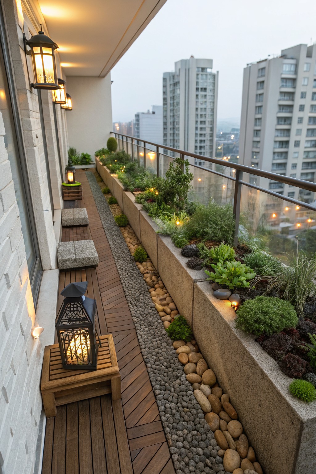 Narrow balcony with wooden decking, concrete planters filled with various green plants and herbs along one side, pebble pathway in between, lanterns, and glass railing overlooking city buildings.