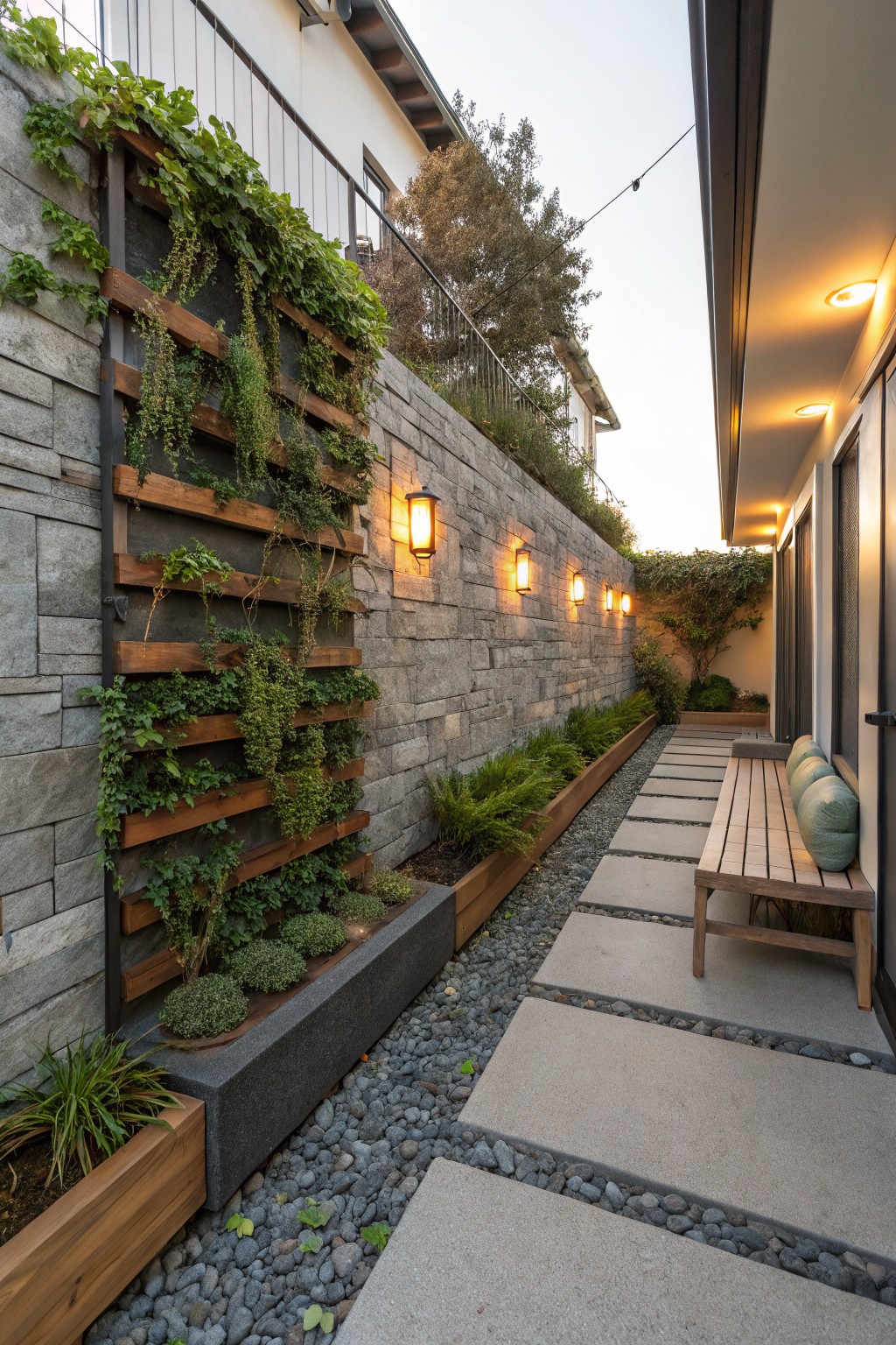 Narrow outdoor walkway with gray stone wall featuring vertical wooden planters overflowing with green vines and ferns, gravel and concrete paver path edged with black rock planters and ferns, wooden bench with green cushions, and wall-mounted lights.