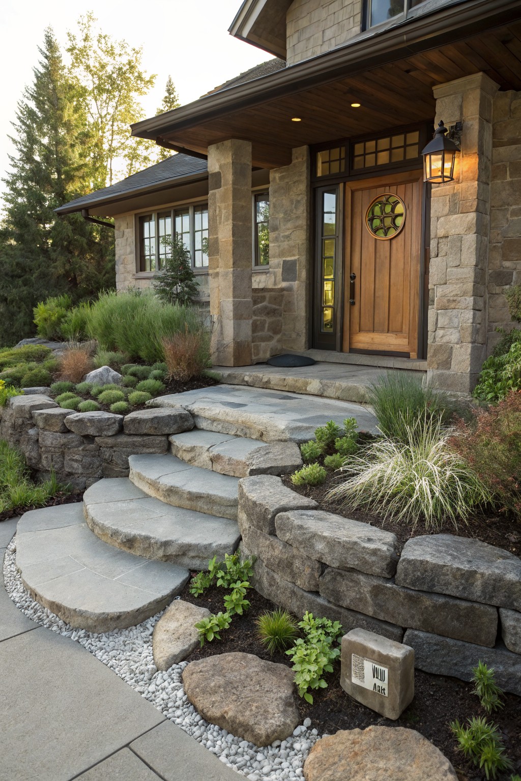 Front entrance of a stone house with curved bluestone steps integrated into dry-stacked rock retaining walls planted with ornamental grasses, sedums, and groundcovers.