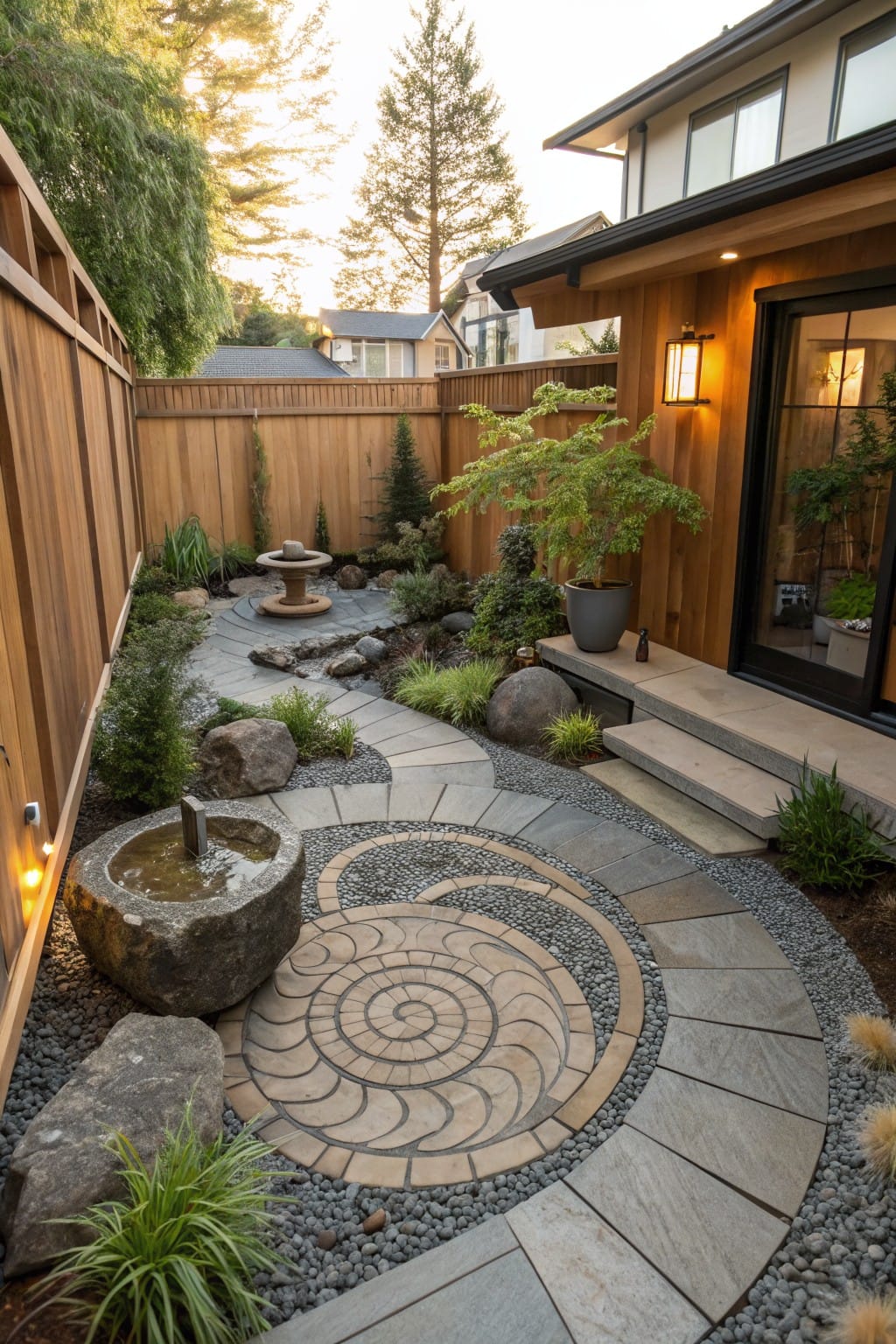 Small backyard with a spiral stone pathway of pavers and gravel surrounded by rocks, plants, and water features, leading to a house door framed by wooden siding and fencing.