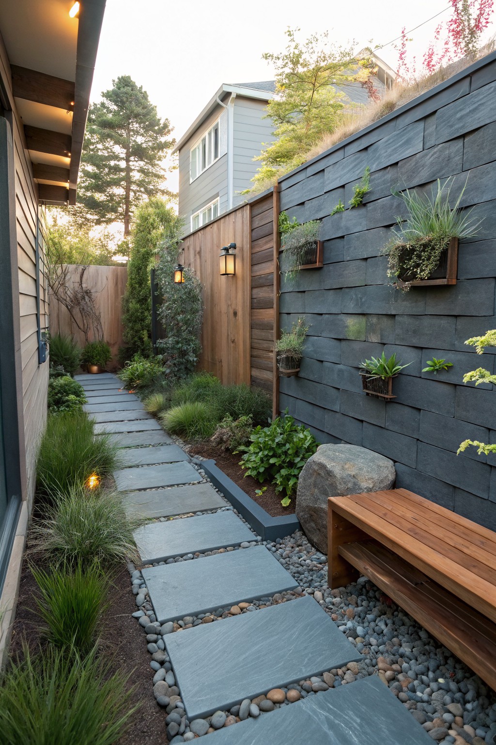 Narrow garden path of irregularly shaped dark slate stepping stones set in light gravel, bordered by ornamental grasses and plants, with a wooden bench at the end beside a large boulder, against a slate wall with wall-mounted planters and a wooden fence.