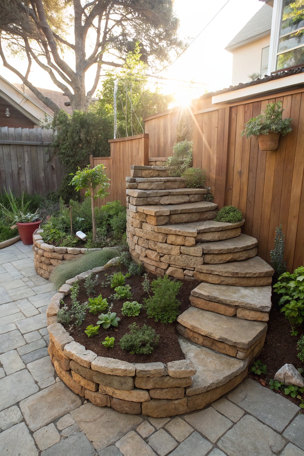 Curved sandstone steps ascending a backyard slope, integrated with rock retaining walls containing herbs, succulents, and small plants, bordered by pavers, wooden fences, and trees.