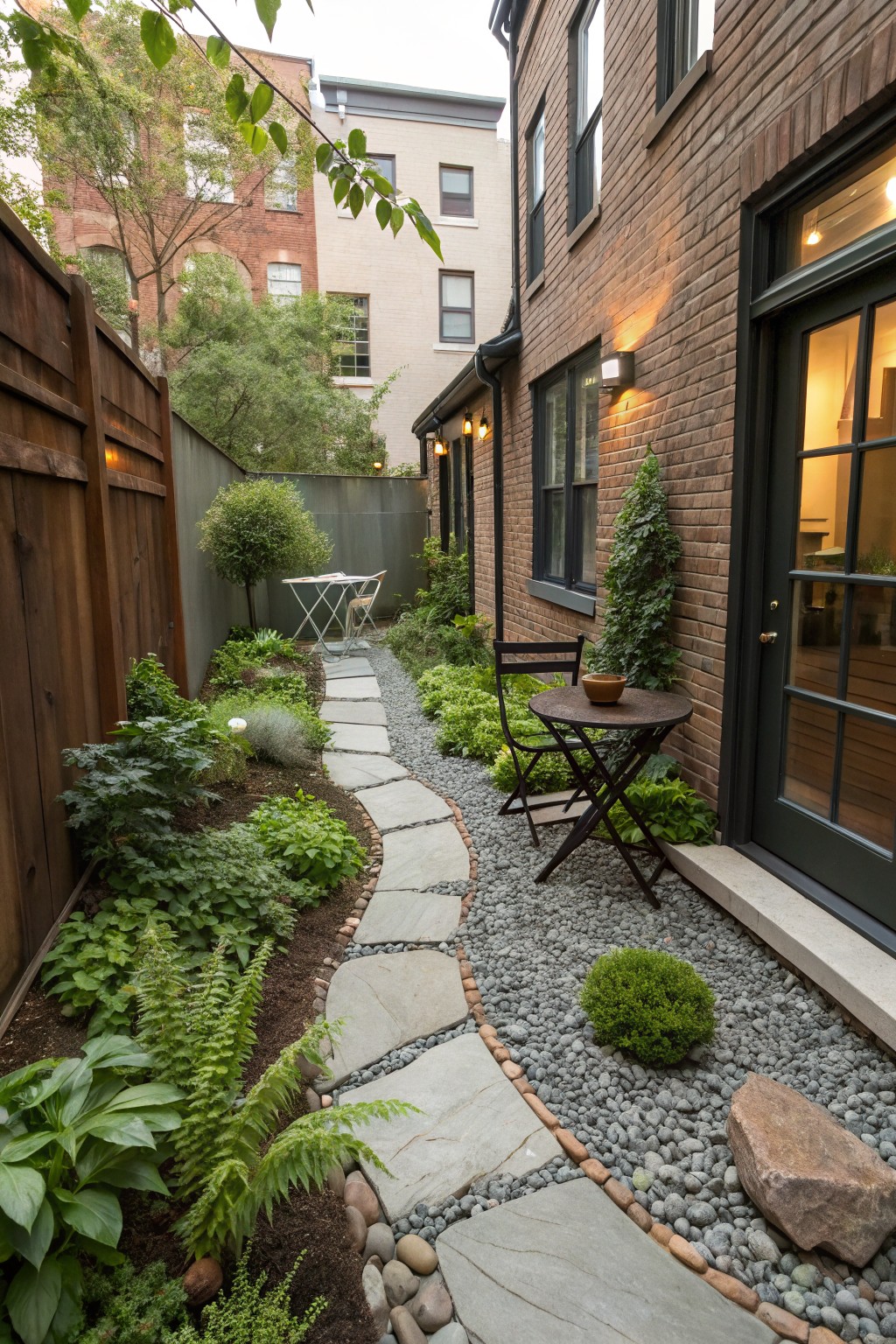 Narrow backyard garden path made of irregular gray flagstone slabs curving through gravel and pebble borders, surrounded by green ferns, shrubs, and small trees, with metal chairs and tables near brick walls and doors.