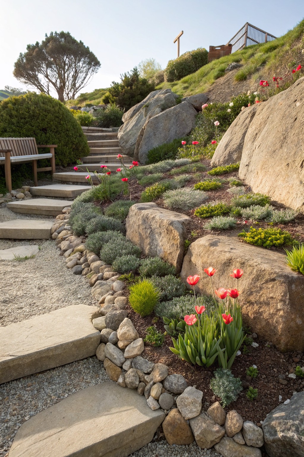 Winding stone steps ascend a hillside garden edged with large boulders, gravel, low shrubs, and clusters of red tulips, with a wooden bench nearby.