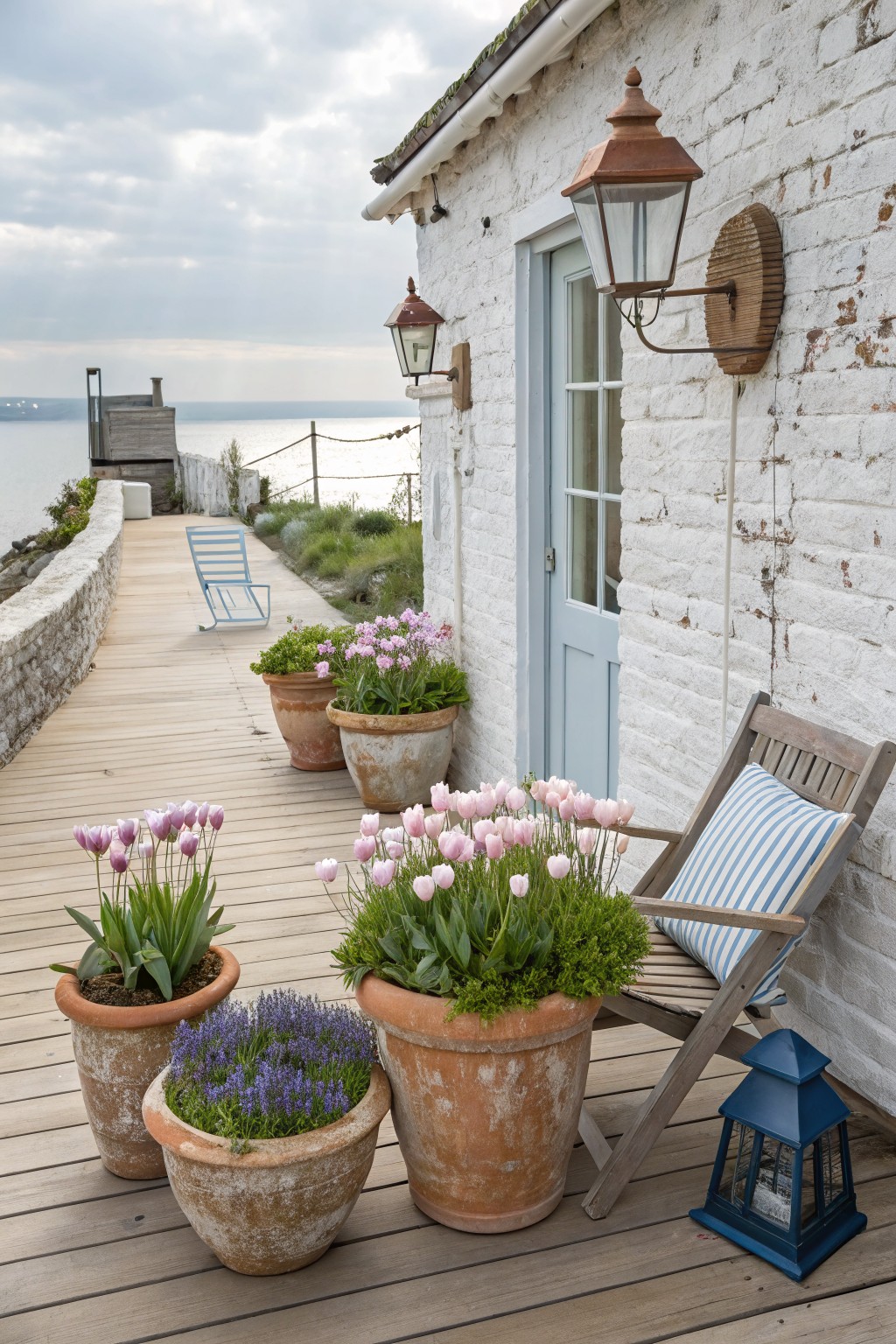 Whitewashed brick cottage with blue door and lanterns on a wooden deck overlooking the sea, with large terracotta pots of pink tulips, lavender, and other plants around a wooden chair with blue-and-white cushions, plus additional chairs and pots along a boardwalk path.