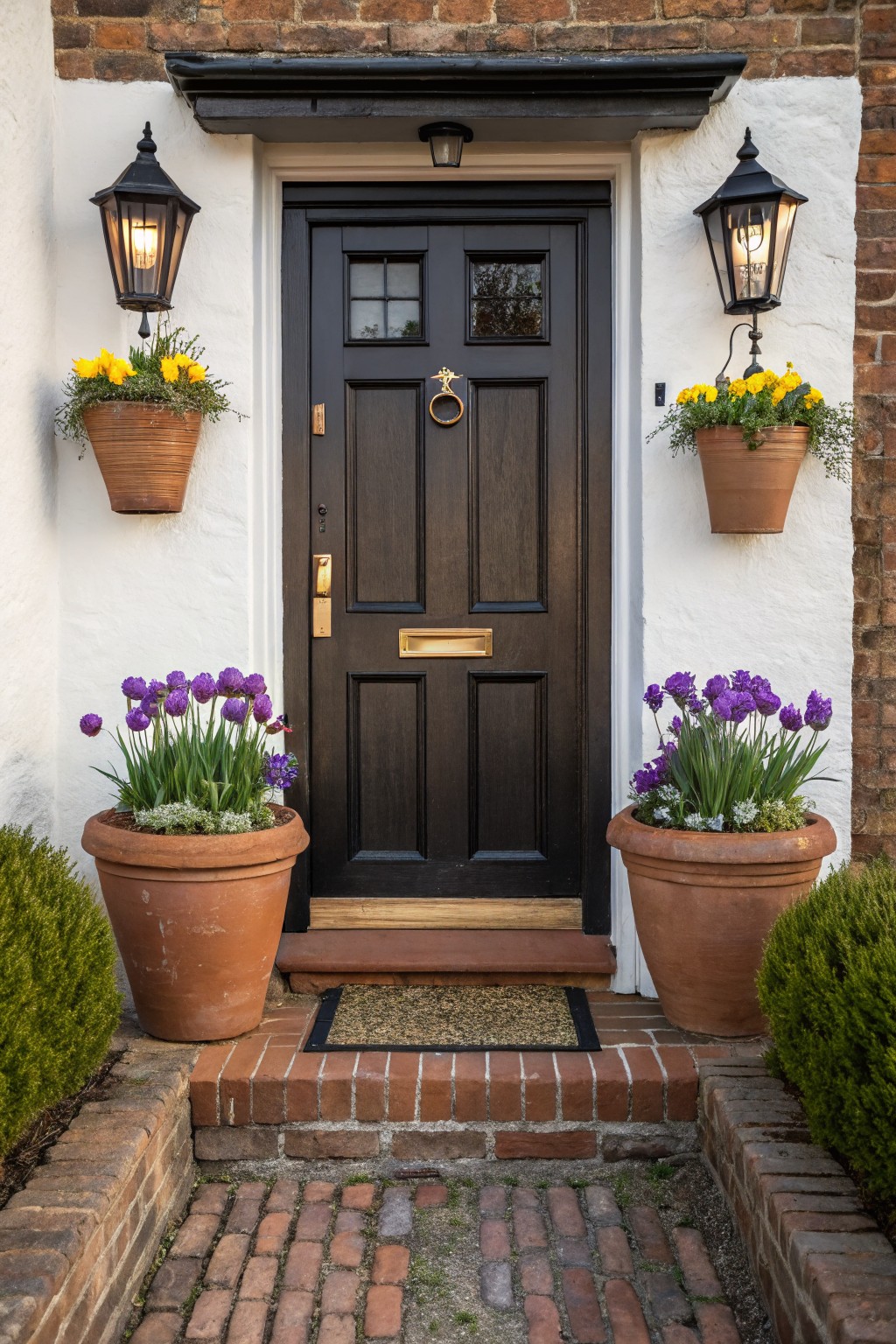 White stucco house facade with black paneled front door flanked by two large terracotta pots filled with purple tulips and greenery, smaller hanging pots with yellow flowers on either side, lanterns lit, brick steps and pathway leading to the door.