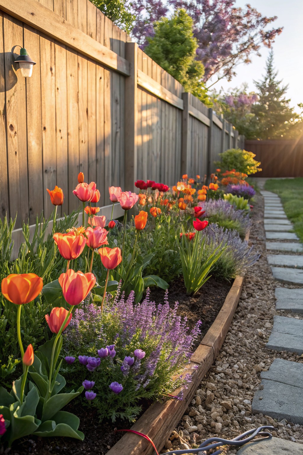 Wooden raised garden bed along a backyard fence filled with orange, pink, and red tulips, purple lavender plants, and green foliage, bordered by gravel mulch and a stone stepping path.