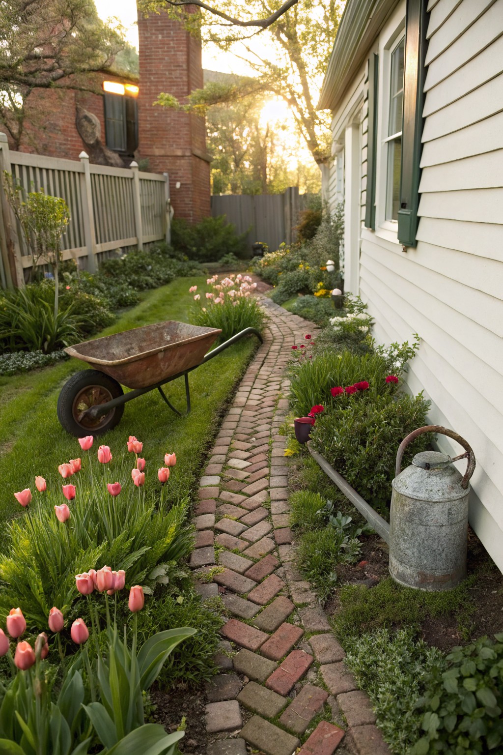Winding brick path through a lush garden bed filled with pink tulips and green plants, with a rusty wheelbarrow on grass nearby and an old metal watering can against a white house exterior.
