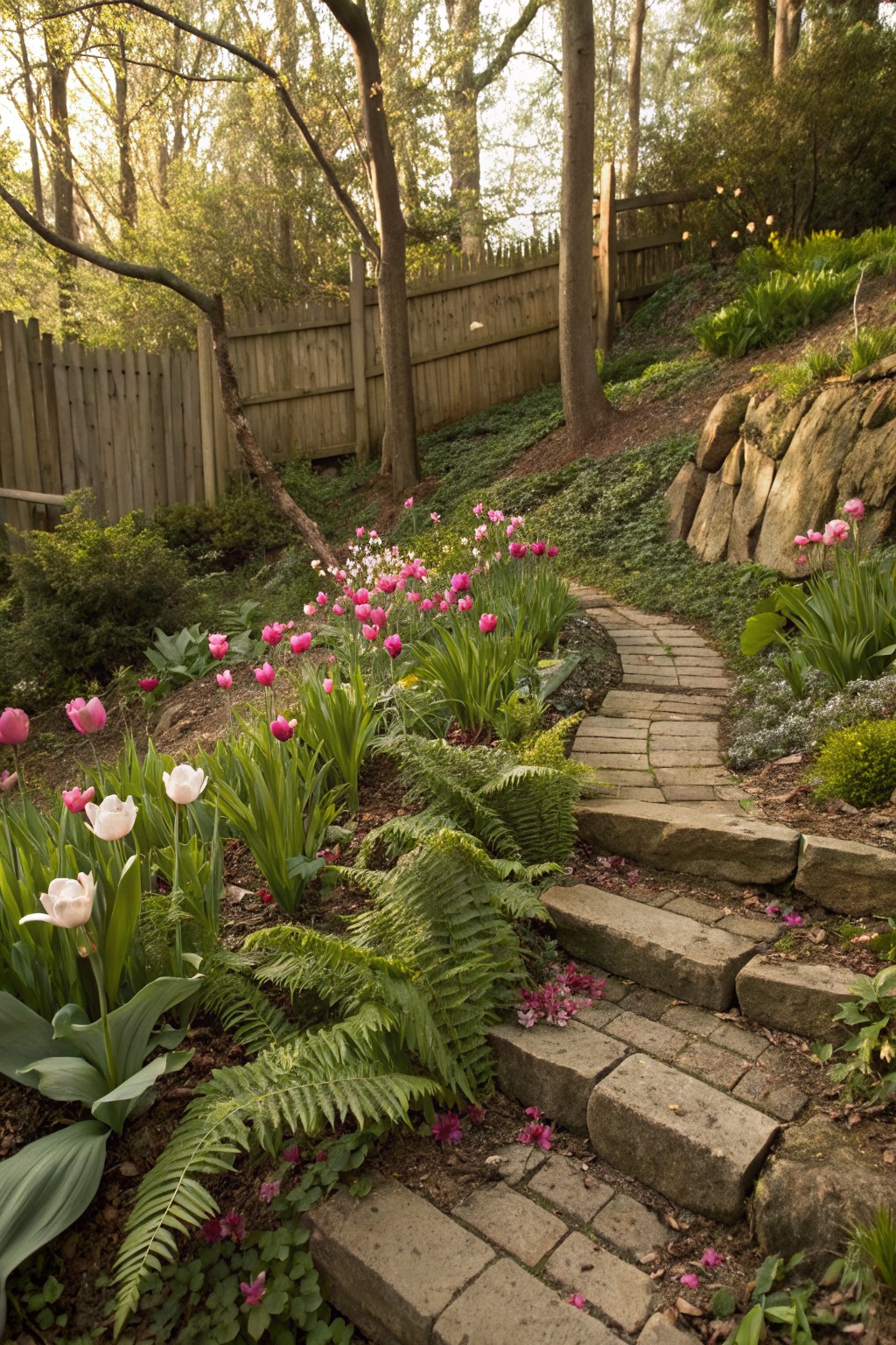 Tulips Along a Brick Garden Path