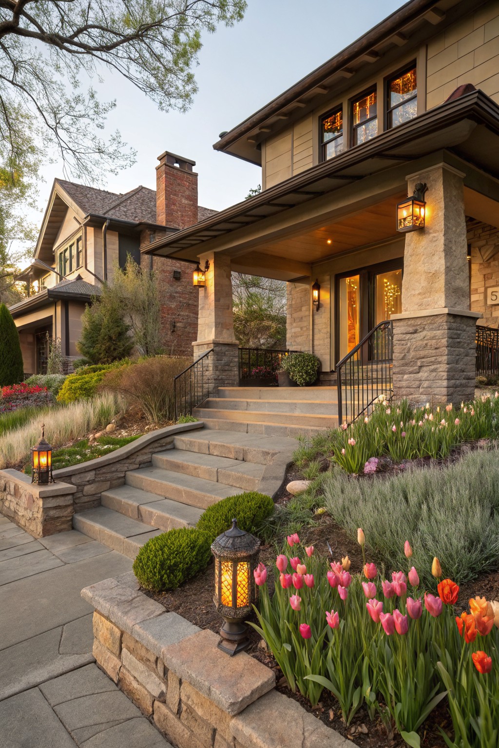 Beige Craftsman-style house exterior with covered front porch, stone pillars, and wide concrete steps leading from a walkway lined with garden beds of colorful tulips in pink, red, and orange, plus shrubs and lanterns.
