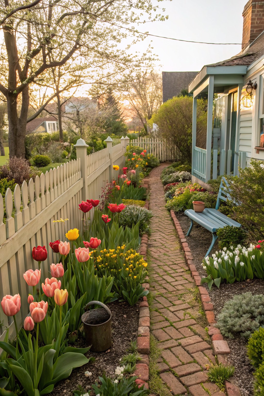 Tulips Edging a Brick Garden Path
