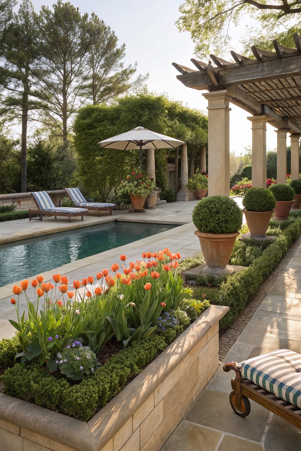 Raised stone planter bed along a rectangular pool edge filled with orange tulips, green leaves, violas, and boxwood hedges, with pool loungers, terracotta pots, and a pergola nearby.