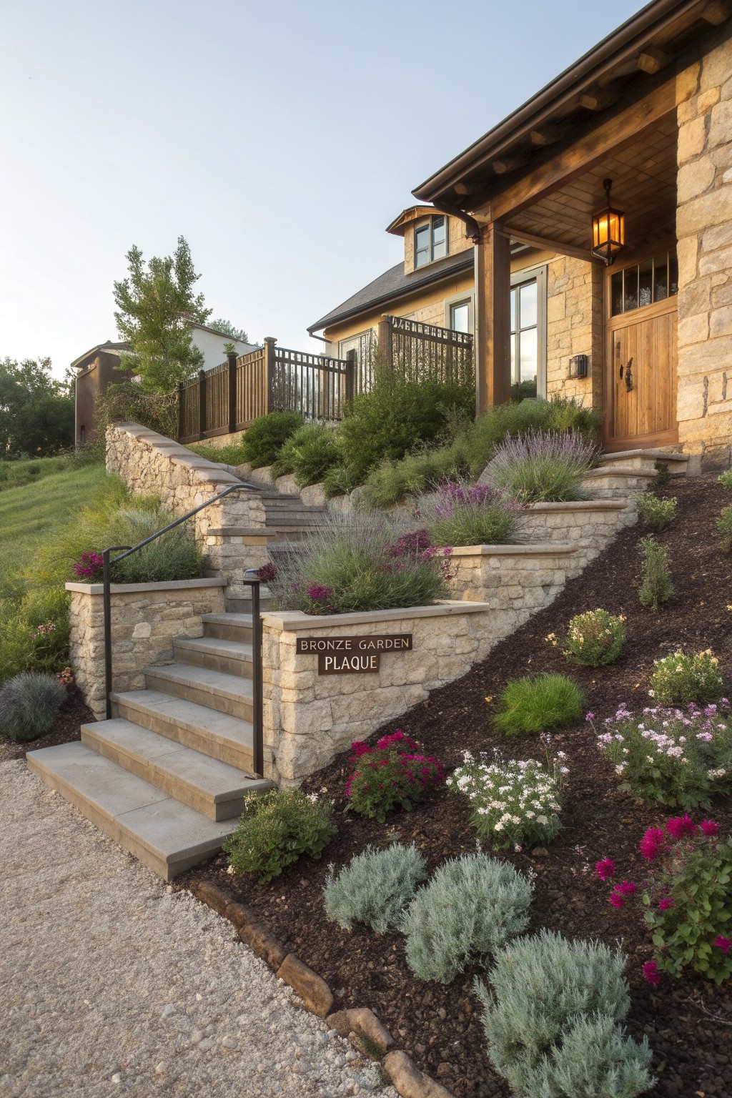 Stone steps ascending a hillside to a house entrance, flanked by terraced retaining walls with planted beds of lavender, pink flowers, white blooms, and silver-leaf shrubs, plus a Bronze Garden Plaque sign.