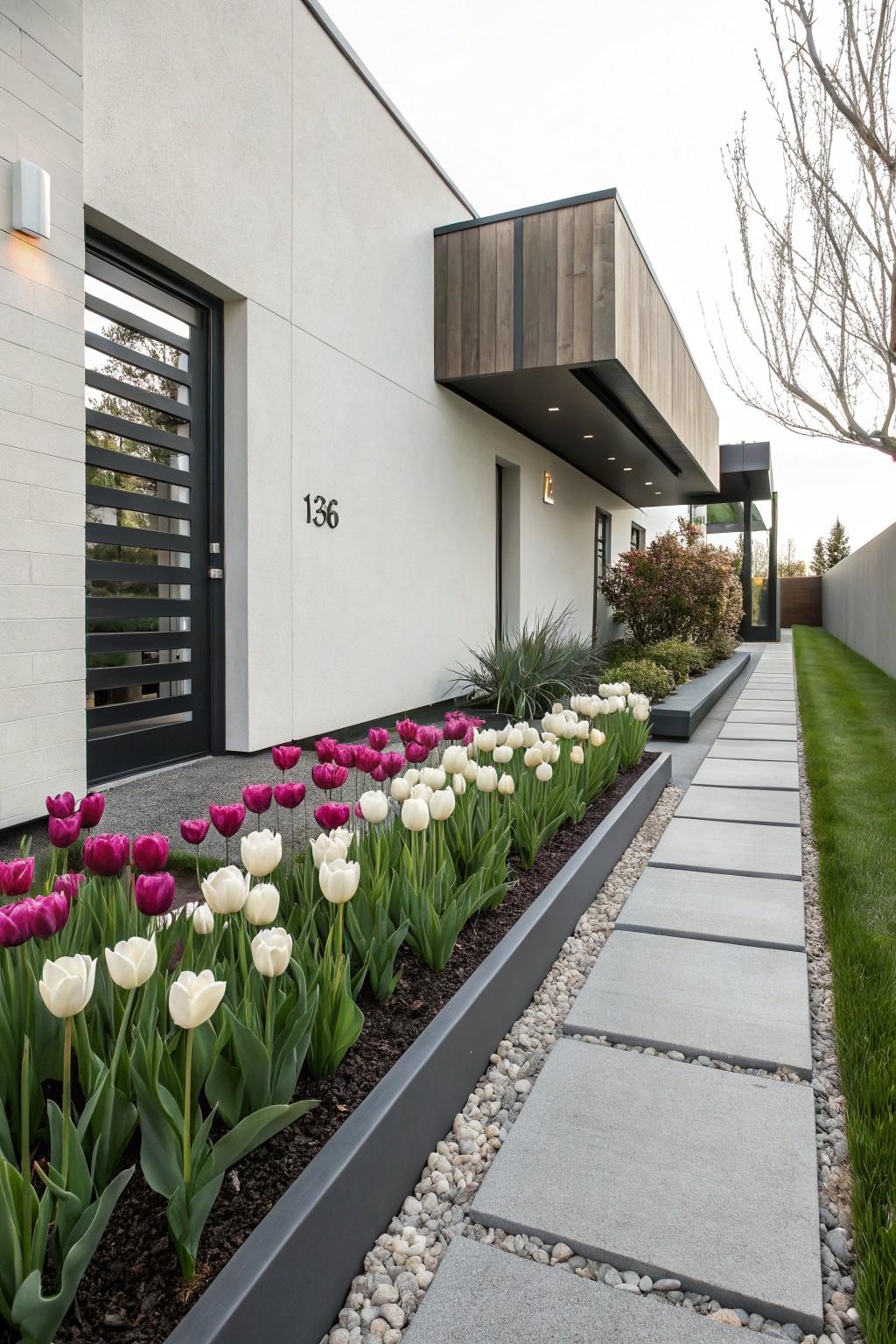 Modern white stucco house exterior with black slatted entry door numbered 136, wooden overhang above, and a gray stone pathway edged by a long black raised planter bed of pink and white tulips, gravel, and green lawn.
