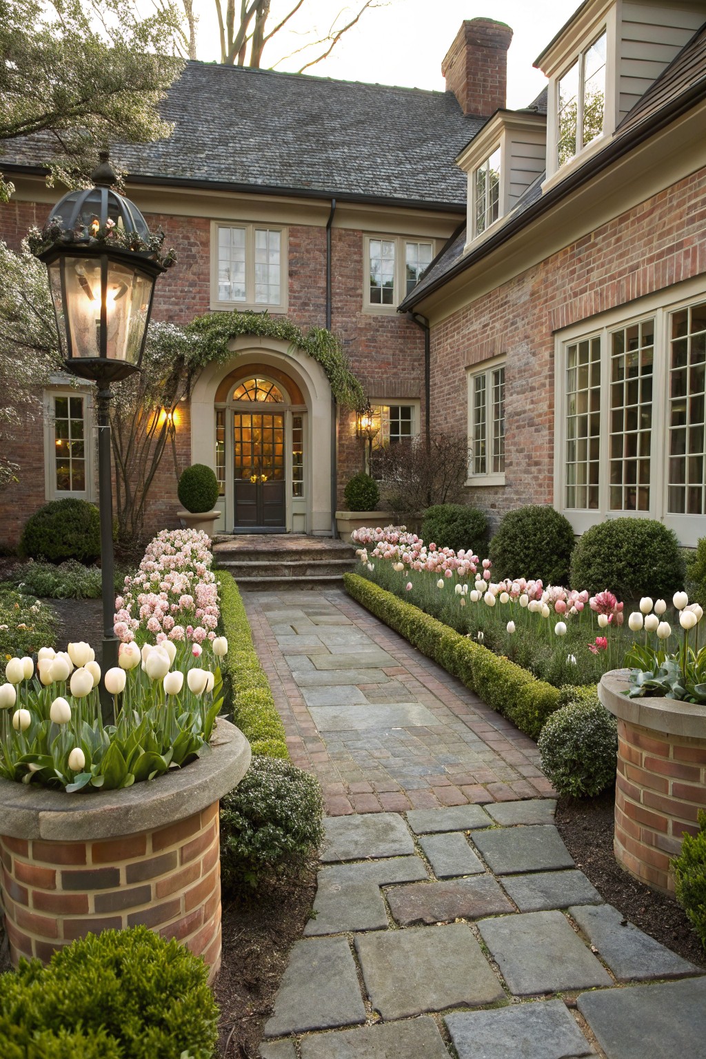 Brick house front entrance with a stone pathway lined on both sides by beds of pink and white tulips, boxwood hedges, brick planters, and a lantern post.