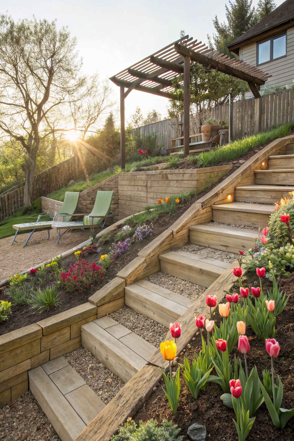 Sloped backyard with wooden retaining walls and steps lined with colorful tulips in red, yellow, pink, and orange, green lounge chairs on gravel below, pergola structure above, and setting sun in the background.