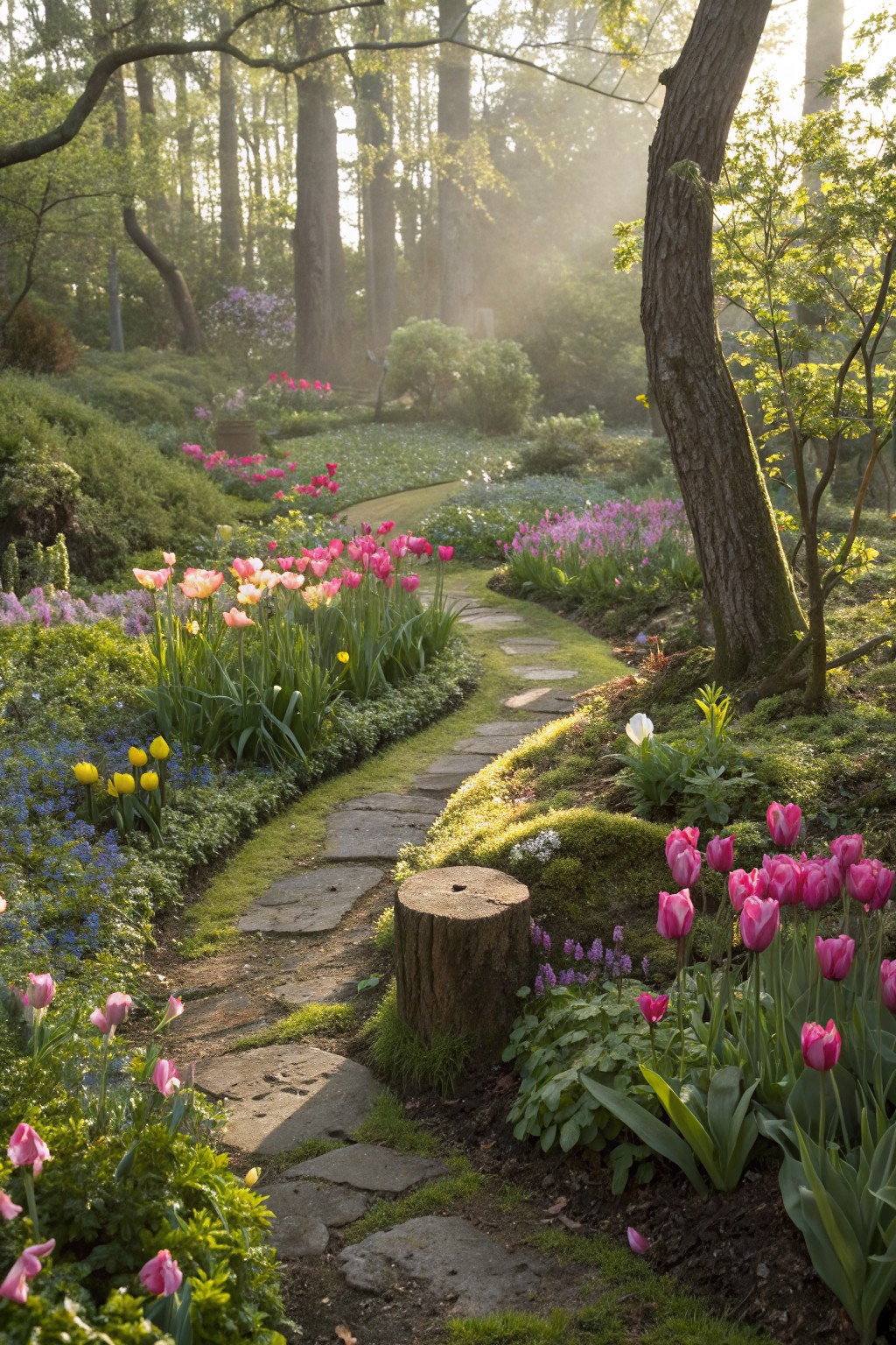 A mossy stone path winds through woodland garden beds densely planted with tulips in pink, orange, yellow, and white amid green foliage and trees.