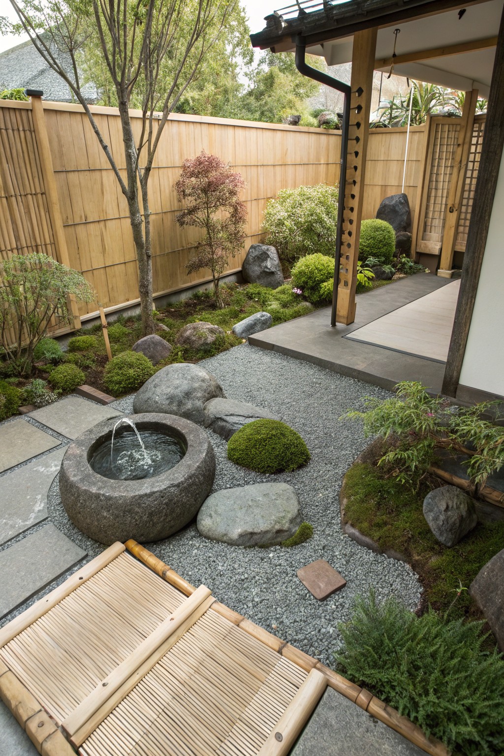 Japanese zen garden with large gray boulders, raked gray gravel, green moss clumps, a bubbling stone basin fountain, low plants, wooden fence, and stone patio slabs adjacent to a house structure.