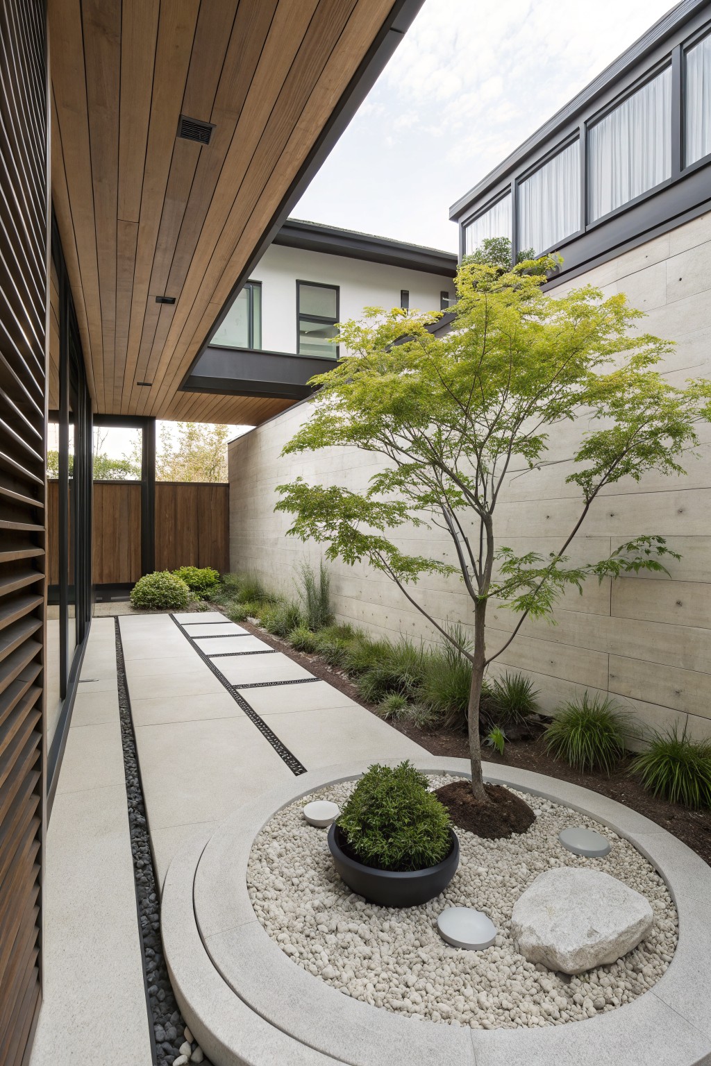 Narrow outdoor pathway lined with grasses and a central Japanese maple tree in a circular white gravel bed with boulders, potted shrub, and concrete edging between modern house walls.