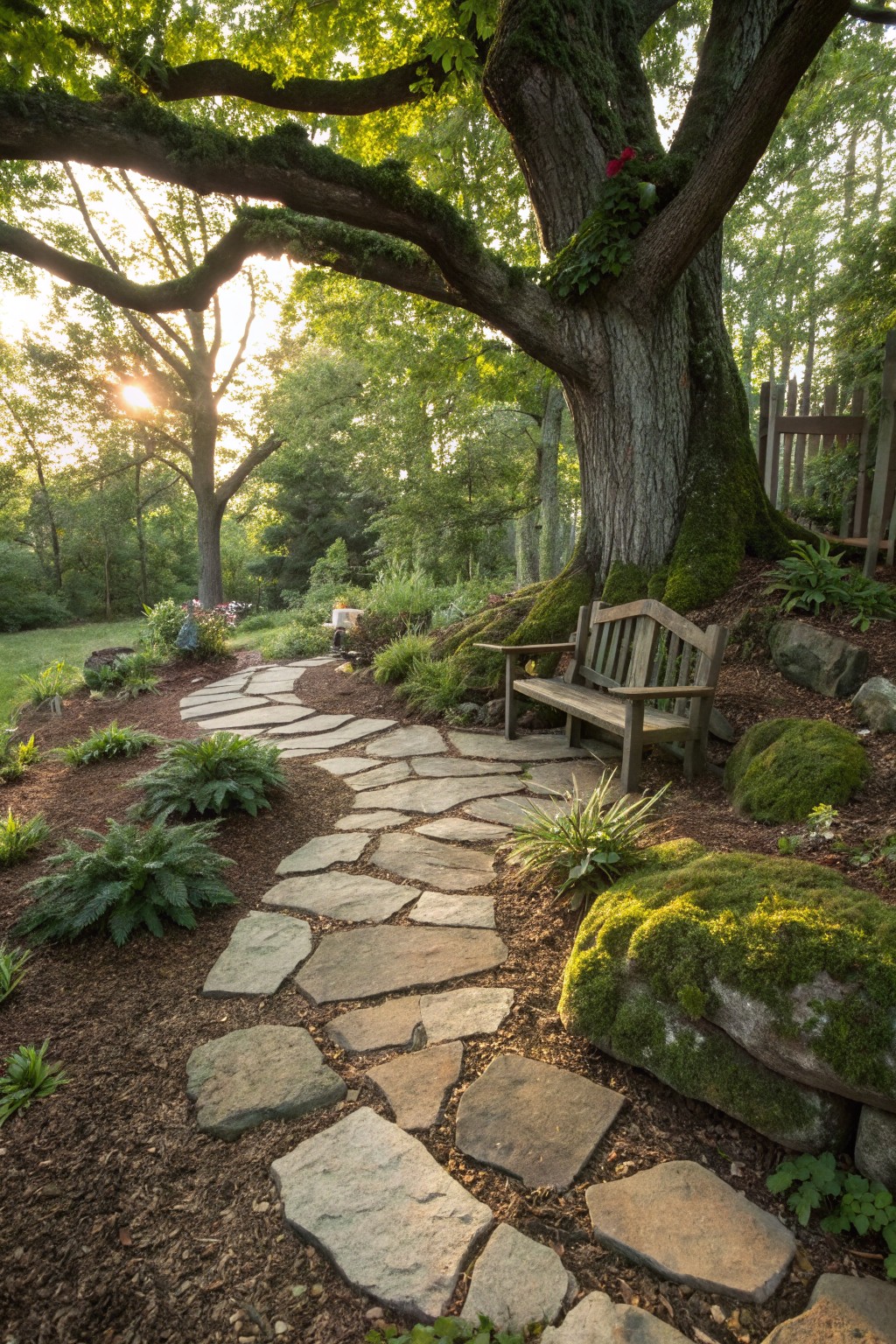 A winding flagstone path curves through a garden bed around a large moss-covered oak tree trunk, with a wooden bench nearby, mossy rocks, ferns, and mulch along the edges.