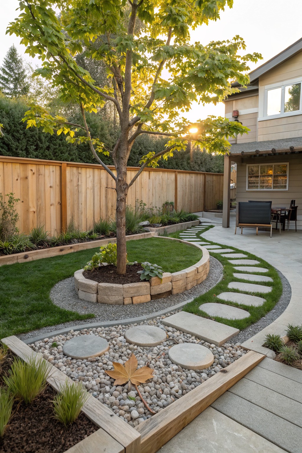 Backyard with a young tree centered in a curved raised stone bed filled with gravel mulch, surrounded by green grass and a winding path of large round concrete stepping stones leading toward a patio and wooden fence.