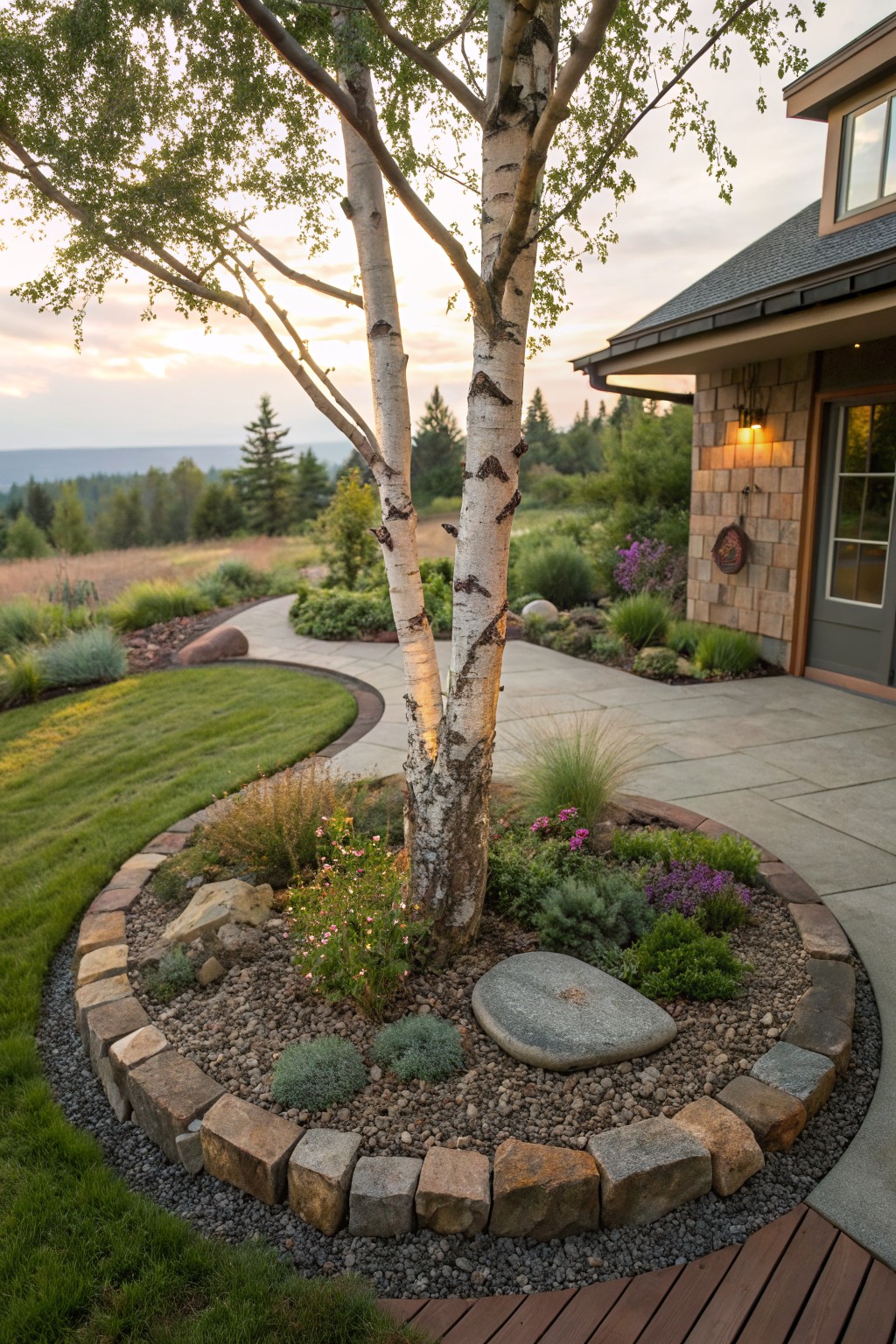 A birch tree centered in a circular bed edged with irregularly stacked rocks and filled with gravel, small boulders, and low-growing plants, beside a concrete patio path and wooden deck near a shingled house.