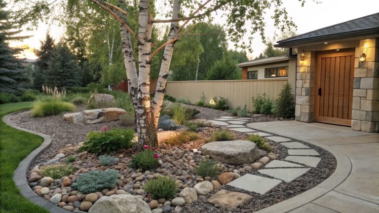 A birch tree centered in a circular bed edged with irregularly stacked rocks and filled with gravel, small boulders, and low-growing plants, beside a concrete patio path and wooden deck near a shingled house.