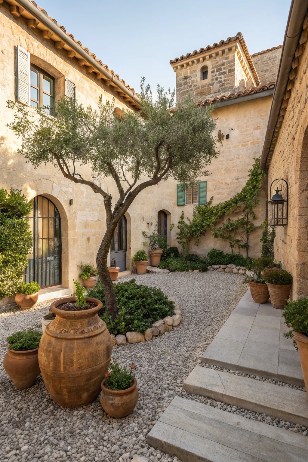Stone-walled courtyard with central olive tree surrounded by gravel bed, rocks, terracotta pots, and plants leading to a stone path and steps.