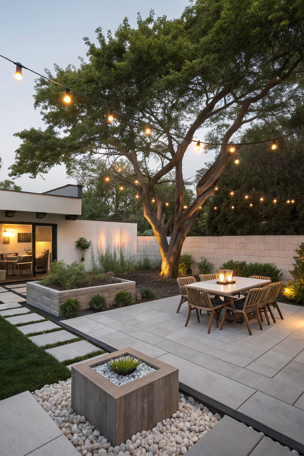 Modern paver patio with wooden dining table and chairs under a lit tree, white pebble strip separating pavers from grass, square wooden planter filled with pebbles and a plant, raised brick planters, gravel accents, and a contemporary stucco house with glass doors in the background.