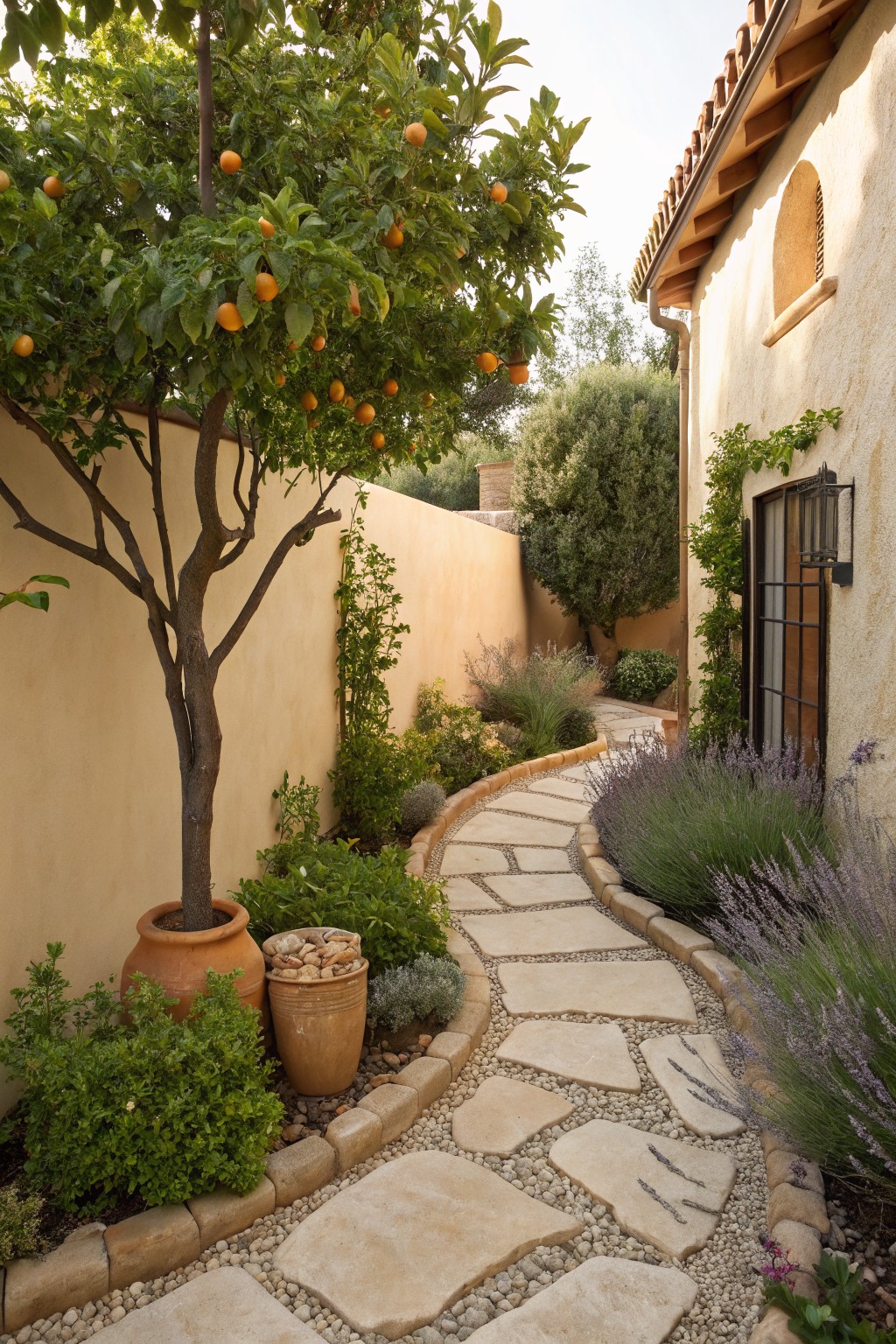 Winding flagstone path edged with gravel and rocks curves through a garden with an orange tree in a terracotta pot, lavender bushes, and low plants beside a beige stucco wall and wooden door.
